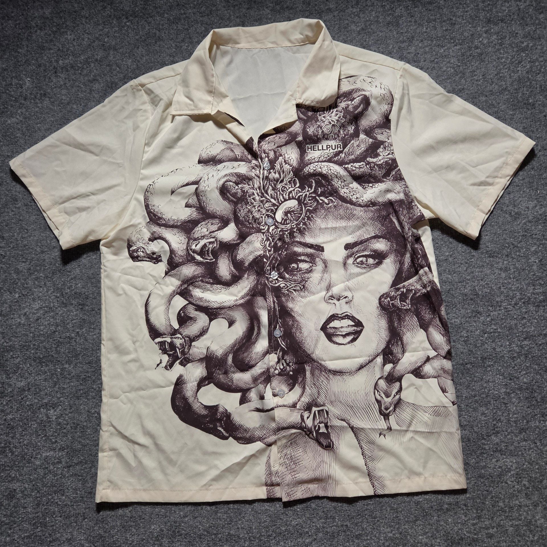 HELLPUR Short Sleeve Button Down Shirt Size M Medusa Graphic 5