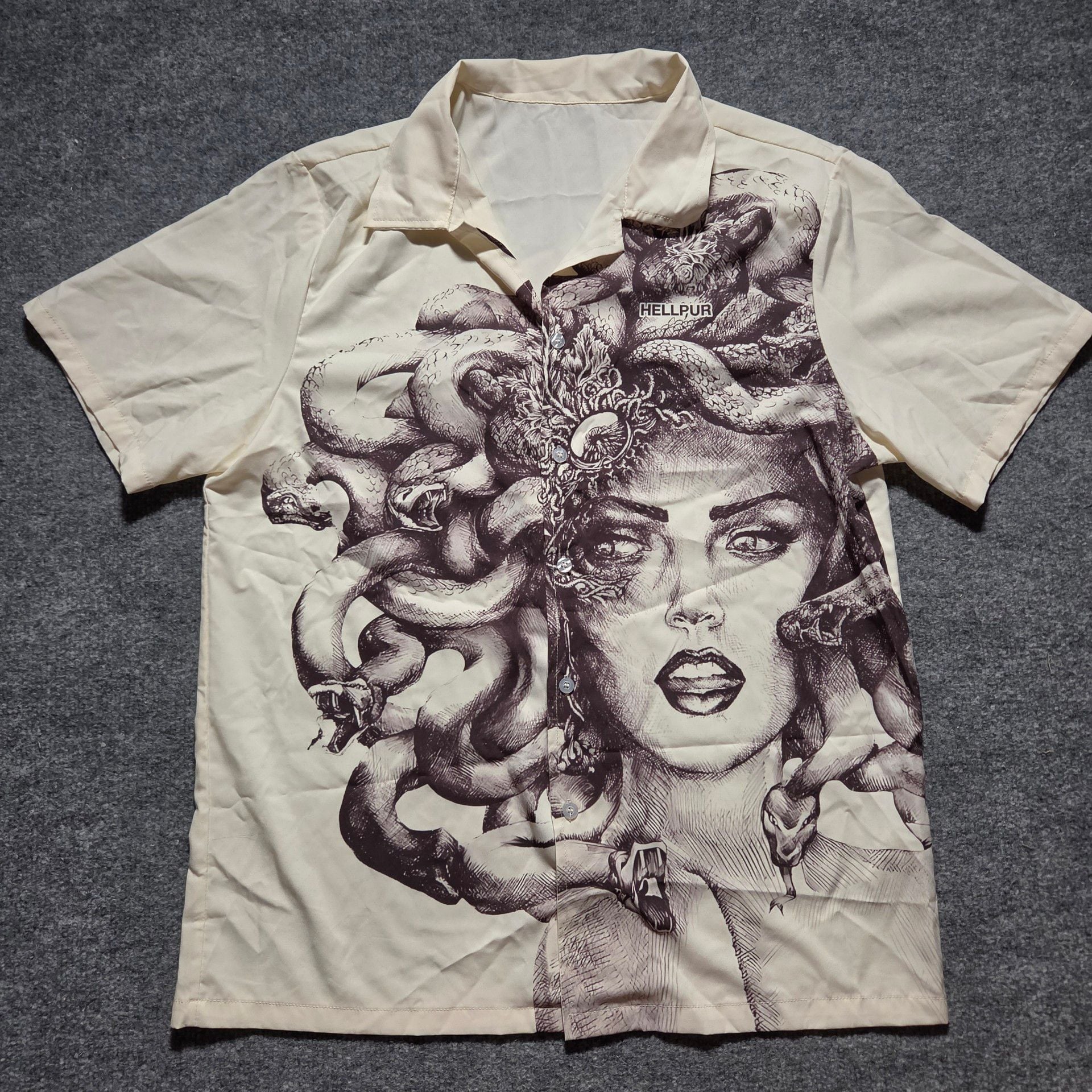 HELLPUR Short Sleeve Button Down Shirt Size M Medusa Graphic 10
