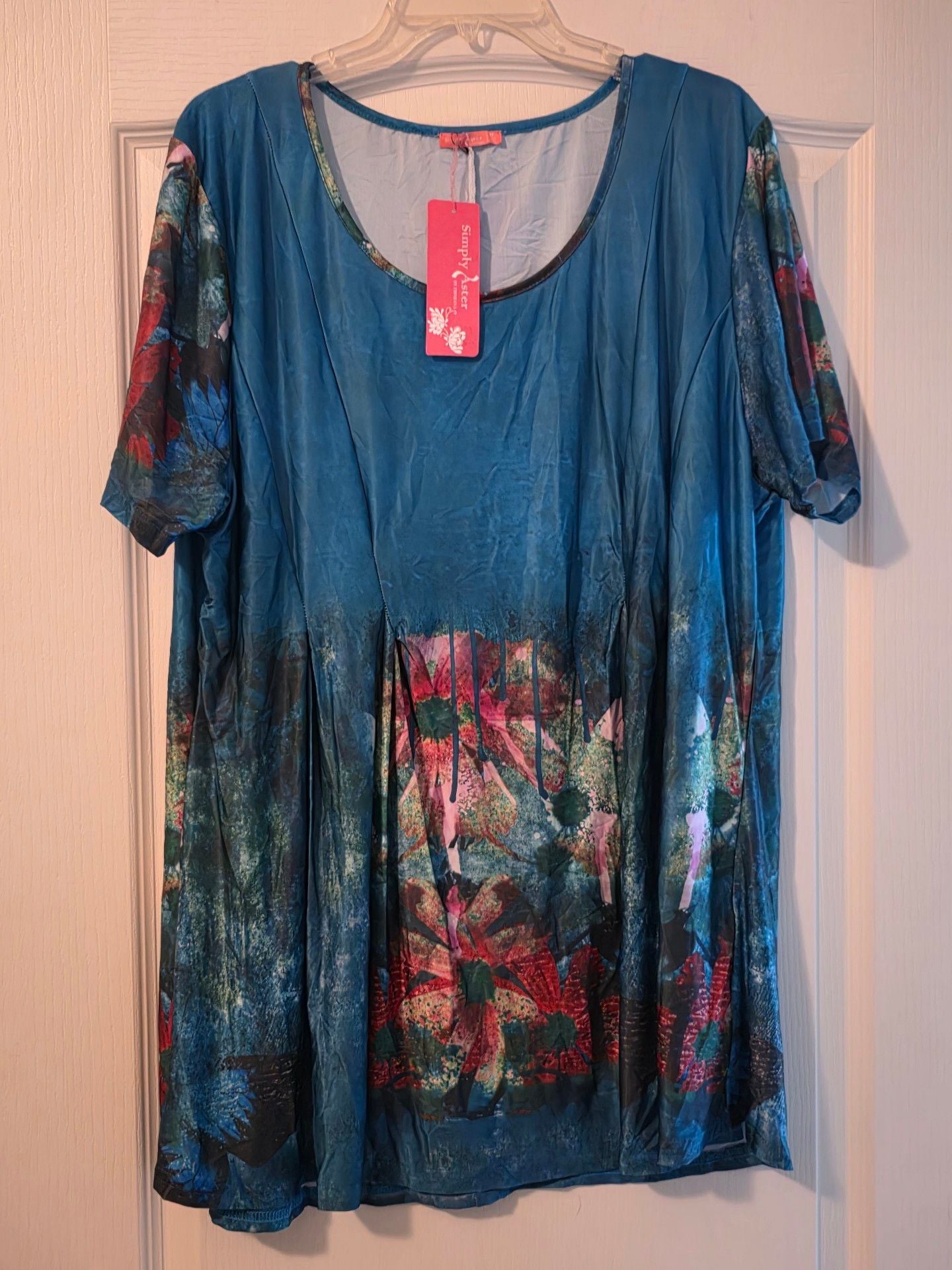 NWT Simply Aster Tunic Length Top Dress Sz 4X Blue Floral Short Sleeve 2