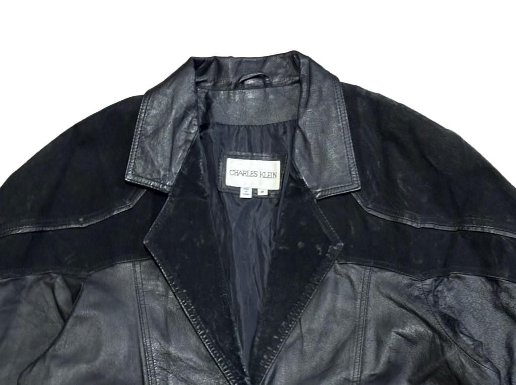 Charles Klein Leather Coat Size M Black Suede Trim Trench 2