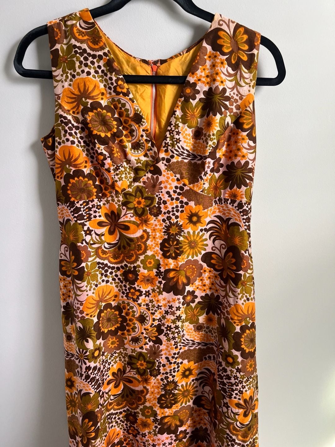 Vintage 1960s Retro Floral Print Sleeveless Dress Orange Brown 2