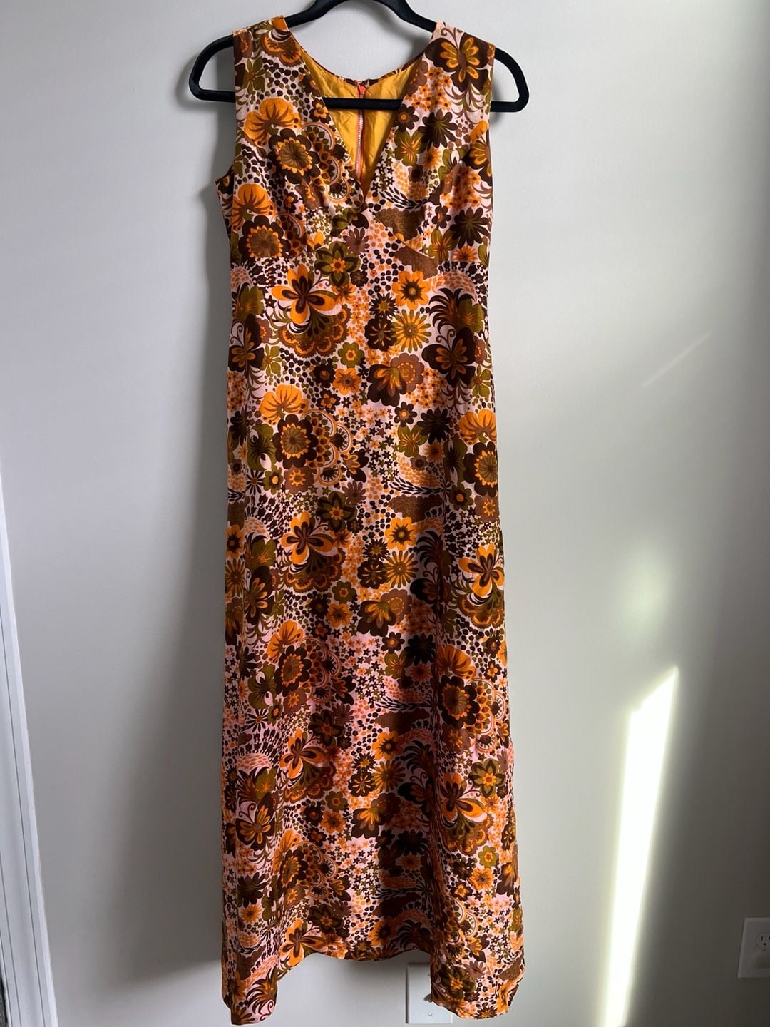 Vintage 1960s Retro Floral Print Sleeveless Dress Orange Brown 3