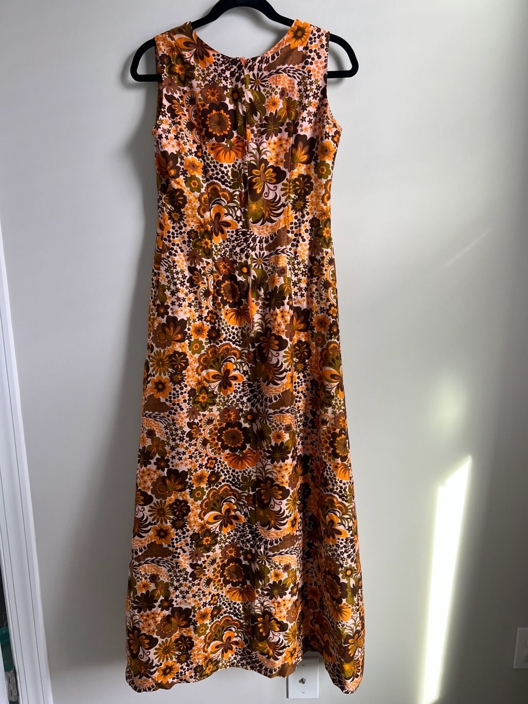 Vintage 1960s Retro Floral Print Sleeveless Dress Orange Brown 4