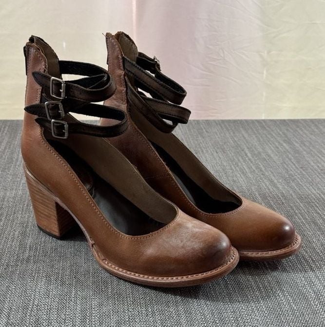 Freebird Leather Buckle Strap Heels Brown Booties 10 2