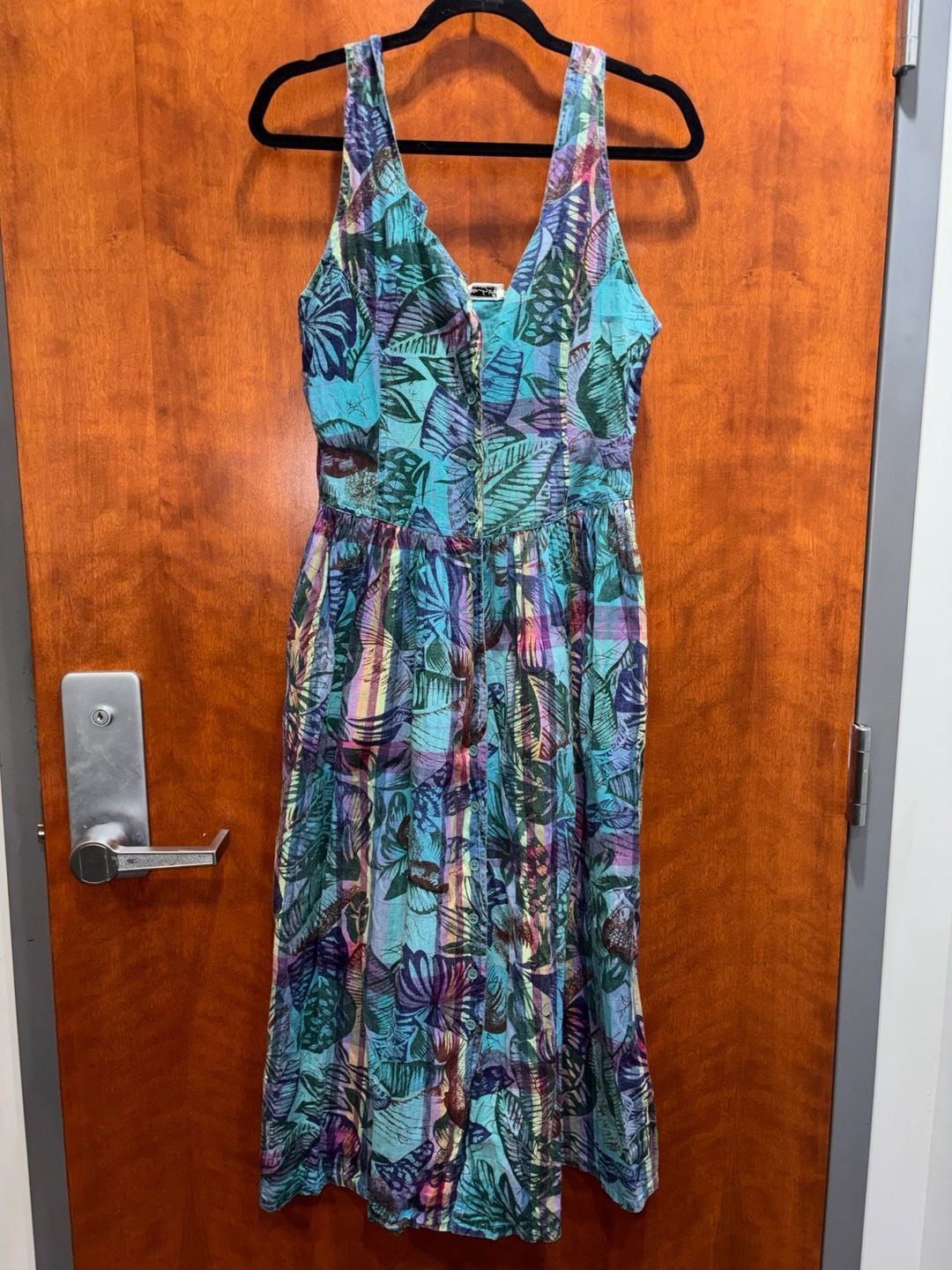Vintage Nouveau Faces Tropical Leaf Print Button Front Midi Dress 2