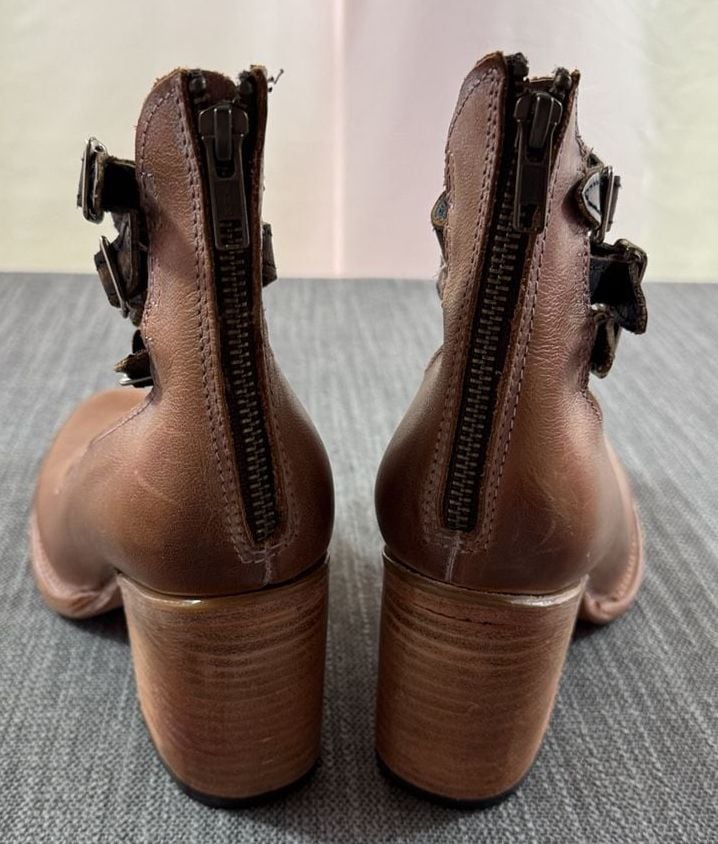 Freebird Leather Buckle Strap Heels Brown Booties 10 6