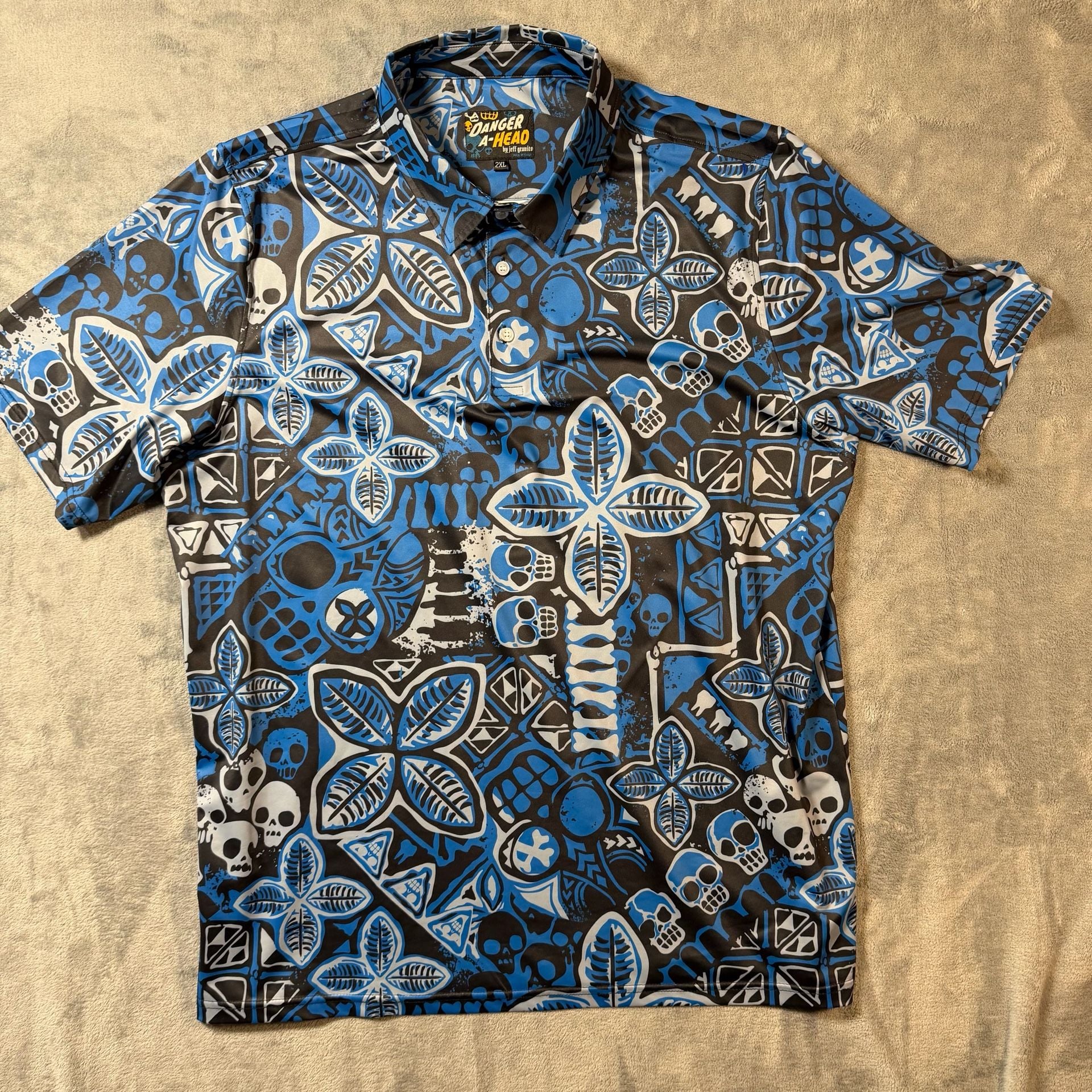 Danger A-Head by Jeff Granito Polo Shirt 2XL Blue Black Skull Graphic 2