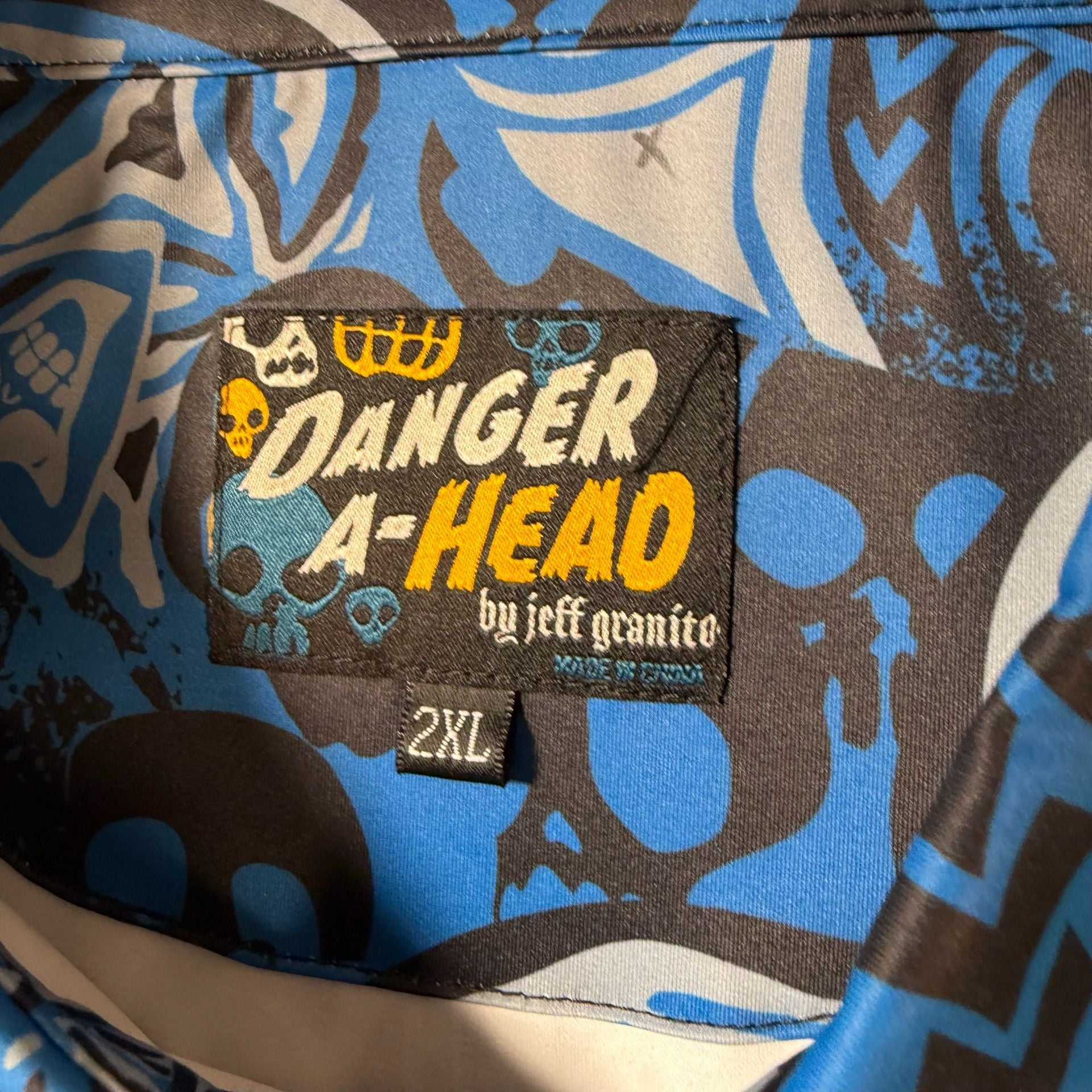 Danger A-Head by Jeff Granito Polo Shirt 2XL Blue Black Skull Graphic 3