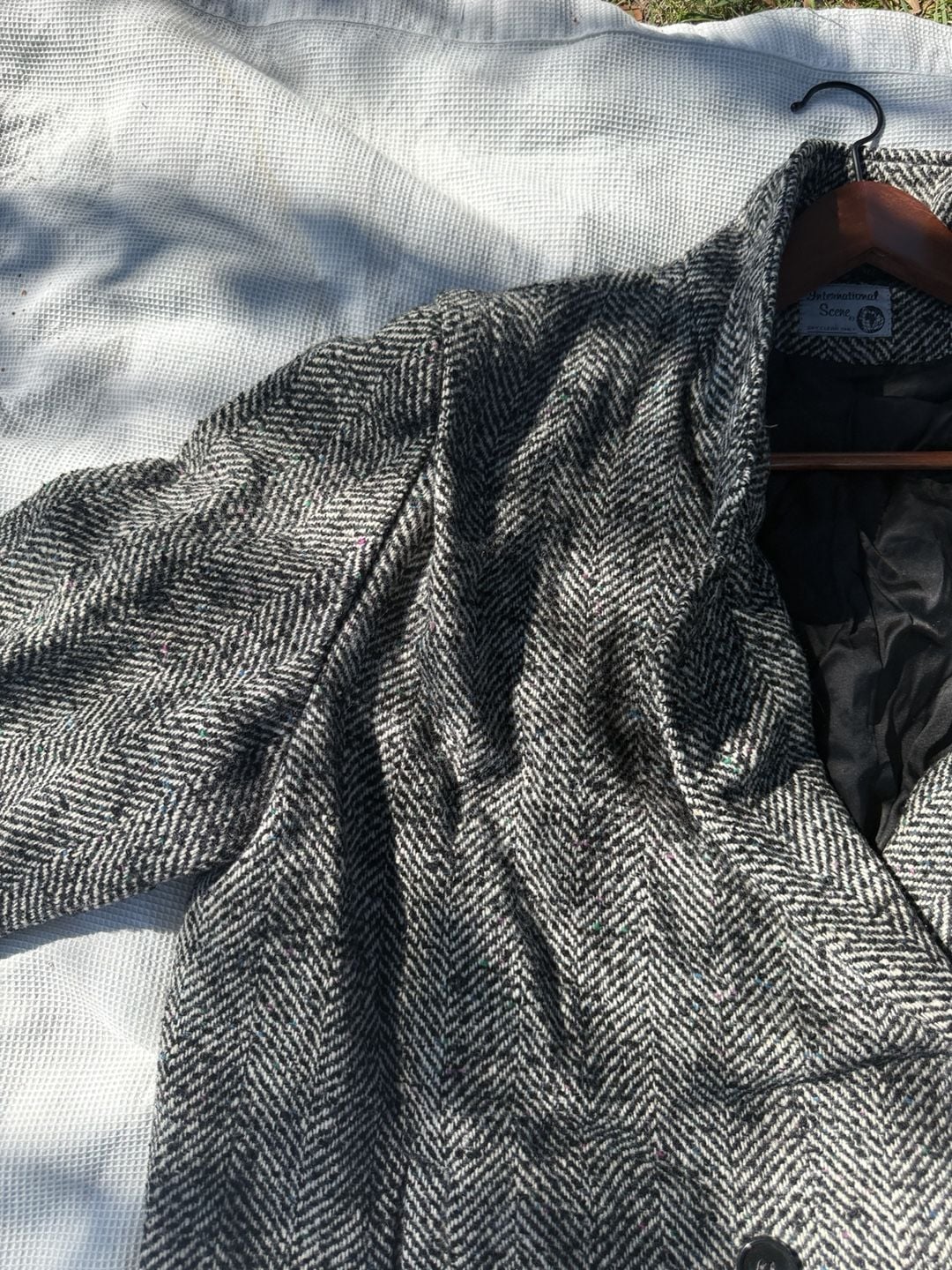 Vintage 90s Academia HerringBone Wool Long Trenchcoat 6