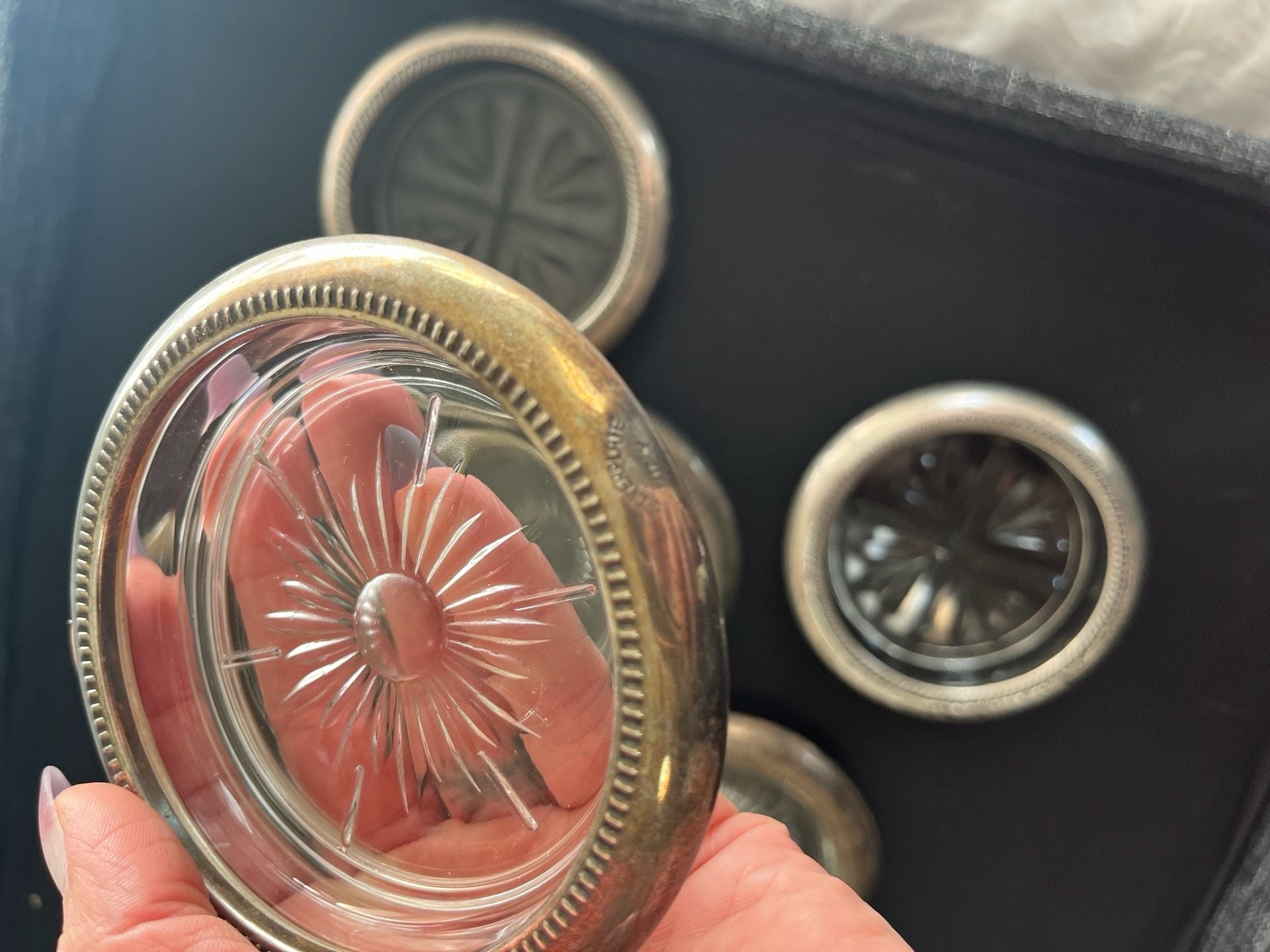 Vintage Italian Silverplate Crystal Glass Coasters Set of 7 5