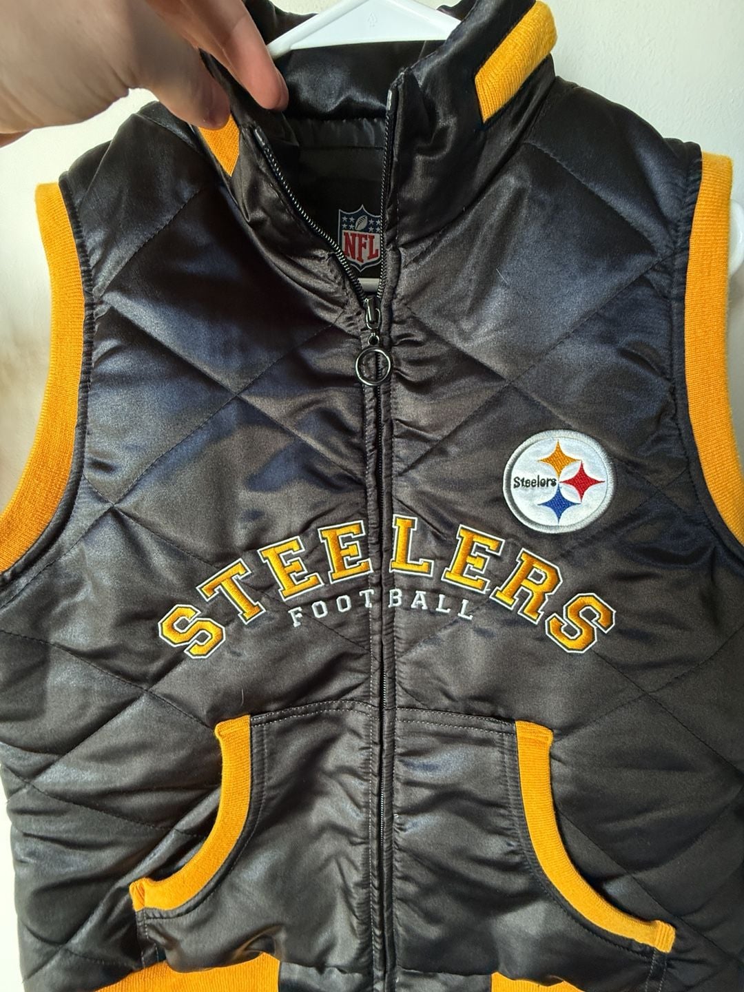 π€π Vintage Pittsburgh Steelers Puffer Vest π Black Gold Quilted size L 4