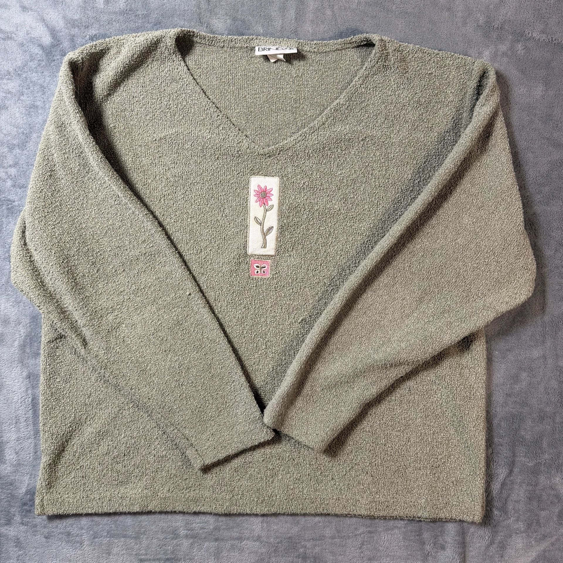 Brindah V-Neck Sweatshirt Green Floral Applique 2