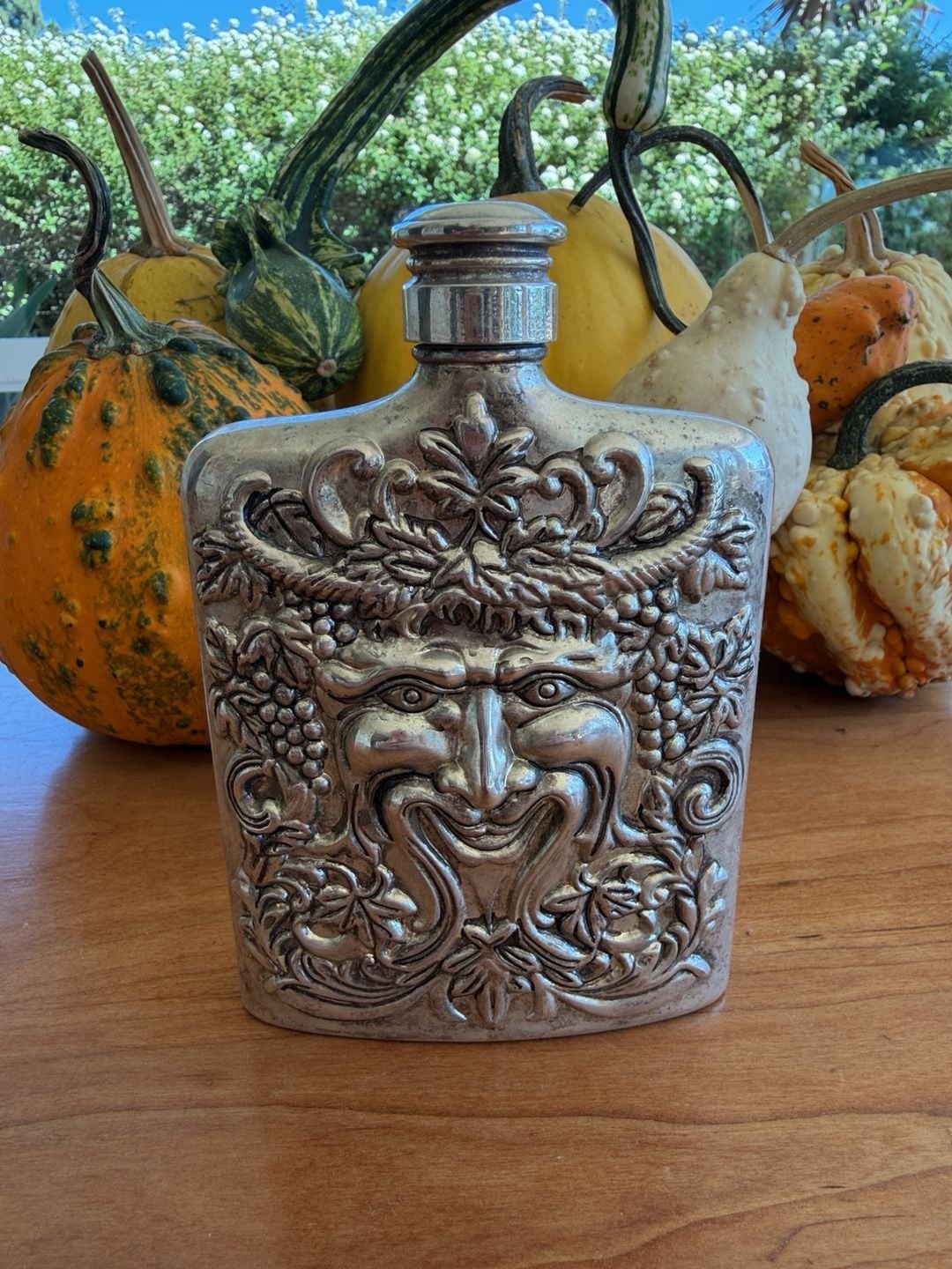 Godinger Bacchus Green Man Silverplate Flask Barware 1
