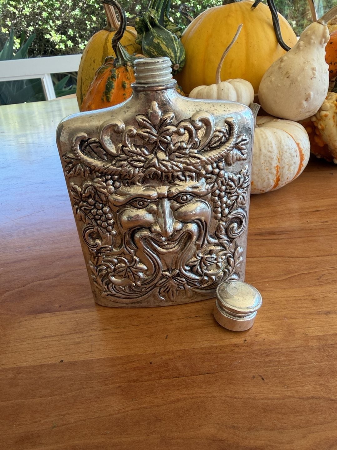 Godinger Bacchus Green Man Silverplate Flask Barware 4