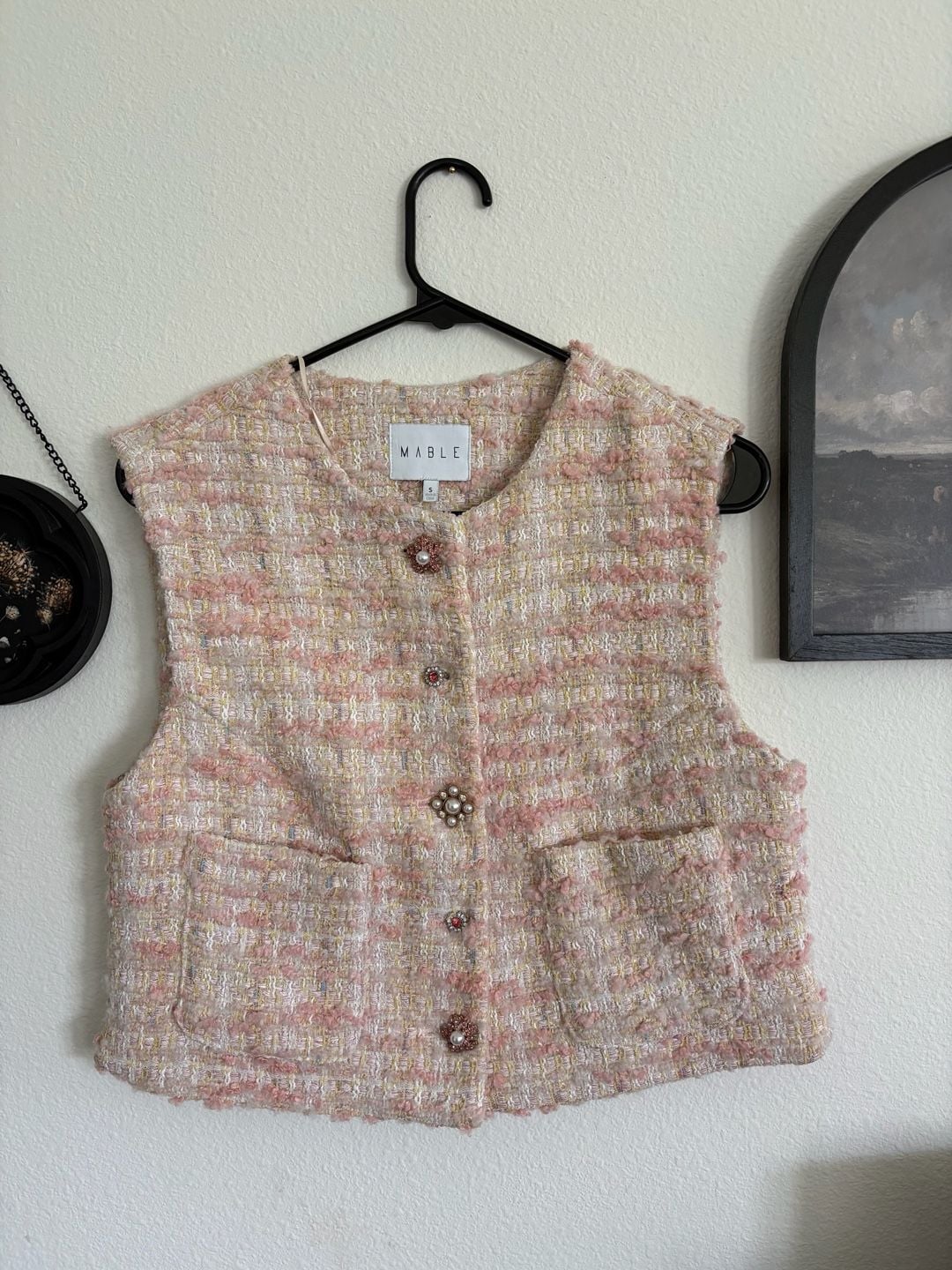MABLE Tweed Vest Size S Pink Pearl Buttons 2