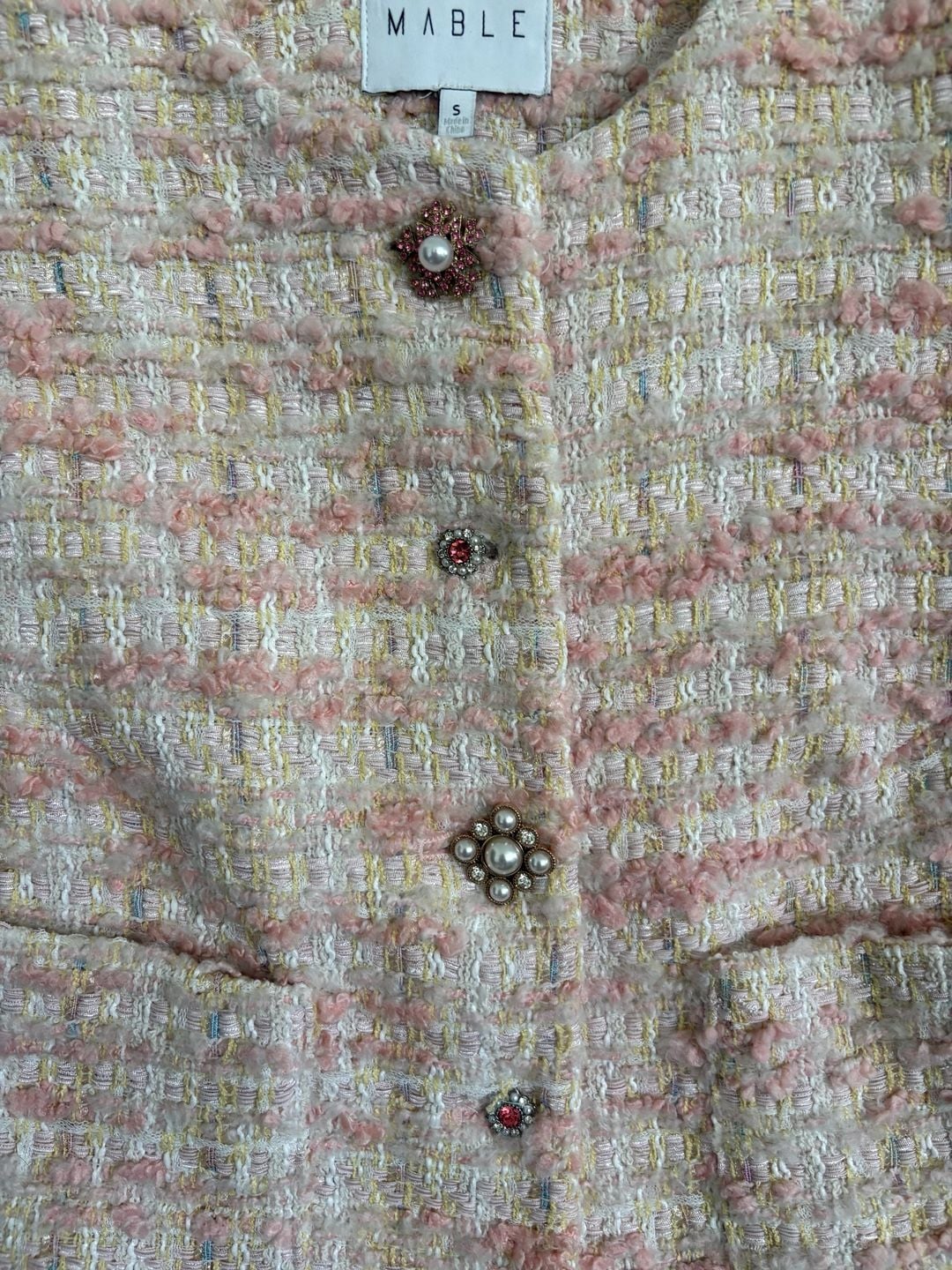 MABLE Tweed Vest Size S Pink Pearl Buttons 3