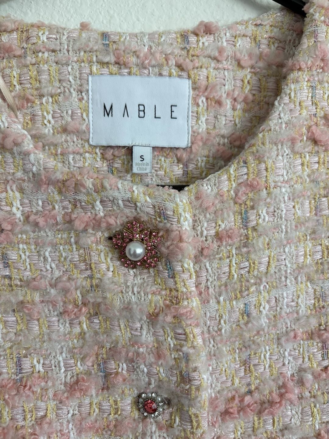 MABLE Tweed Vest Size S Pink Pearl Buttons 4