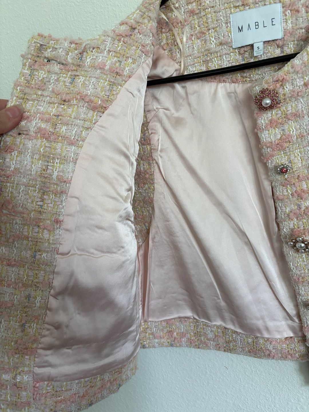 MABLE Tweed Vest Size S Pink Pearl Buttons 7