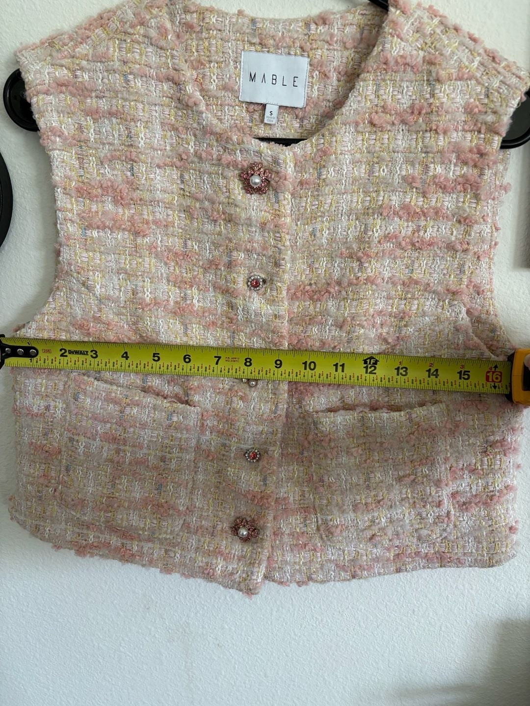 MABLE Tweed Vest Size S Pink Pearl Buttons 10