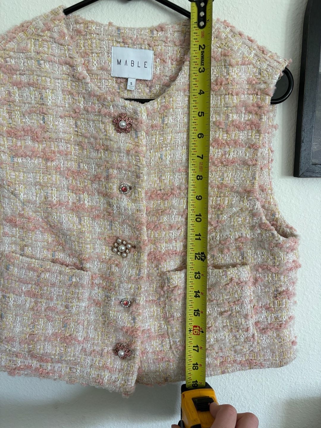 MABLE Tweed Vest Size S Pink Pearl Buttons 11