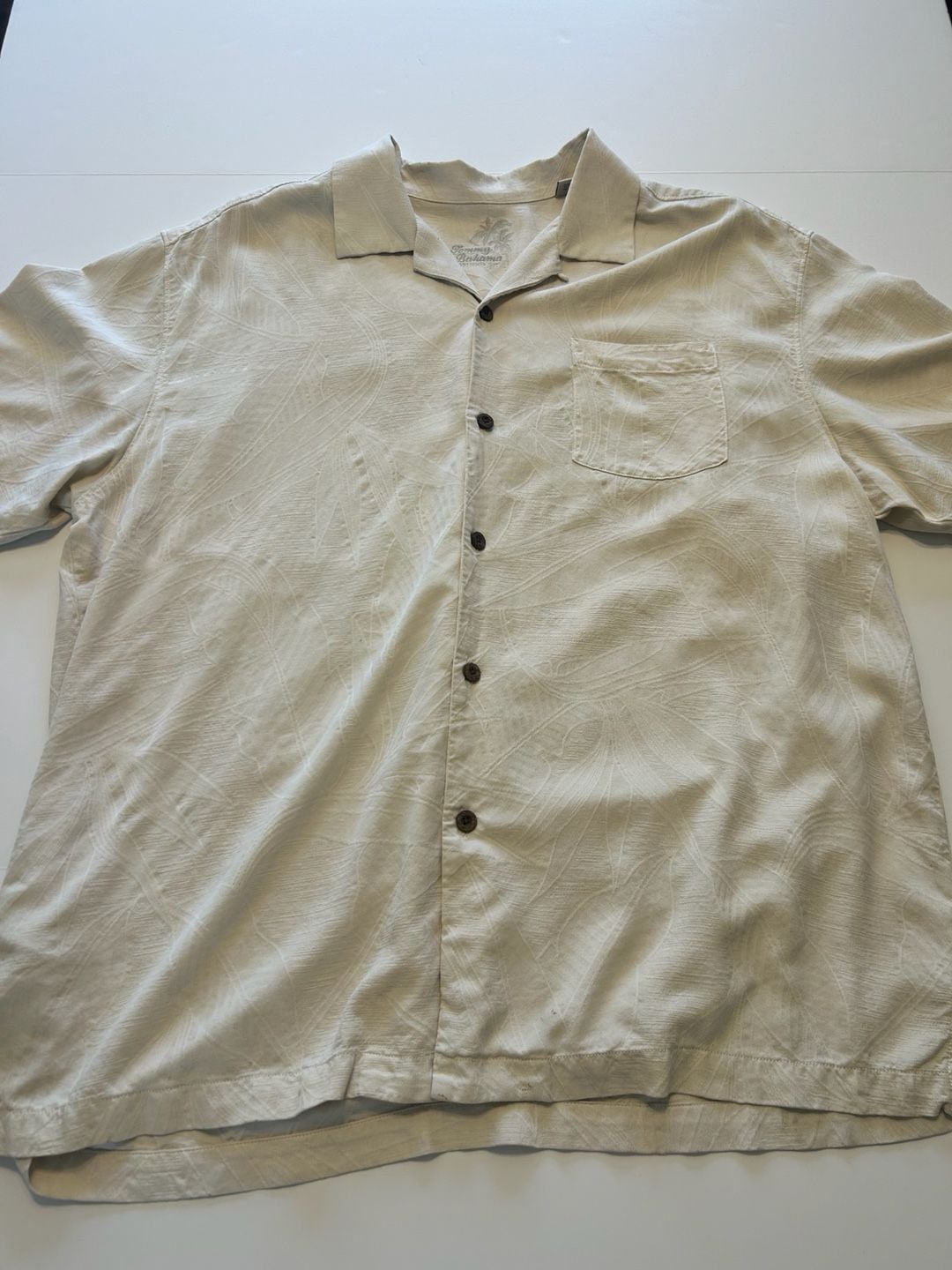 Tommy Bahama Silk Camp Shirt Beige Tropical Leaf XL 2
