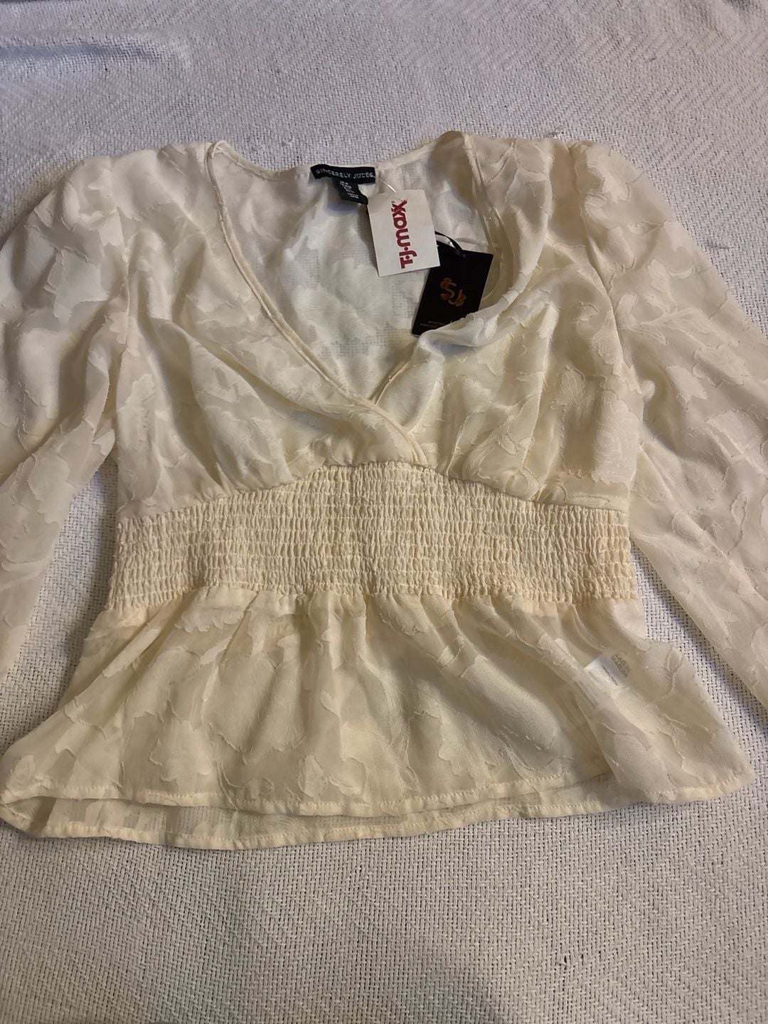 Sincerely Jules Long Sleeve Blouse Size M Ivory Floral Cut Out Peplum 2