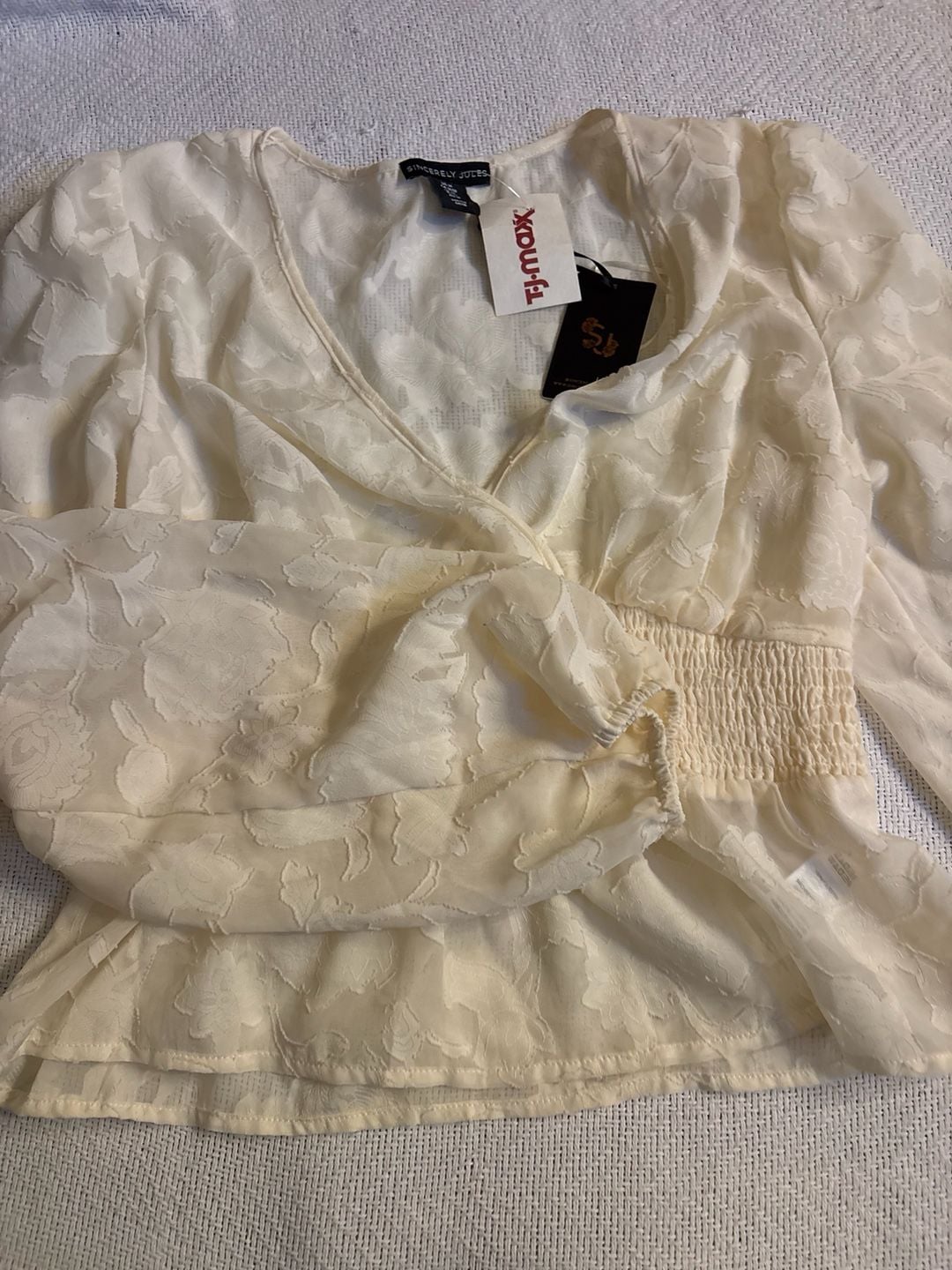 Sincerely Jules Long Sleeve Blouse Size M Ivory Floral Cut Out Peplum 3