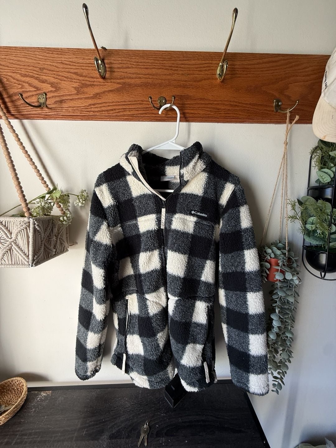 Columbia Sherpa Fleece Jacket Black Cream Buffalo Plaid Full Zip size M 2