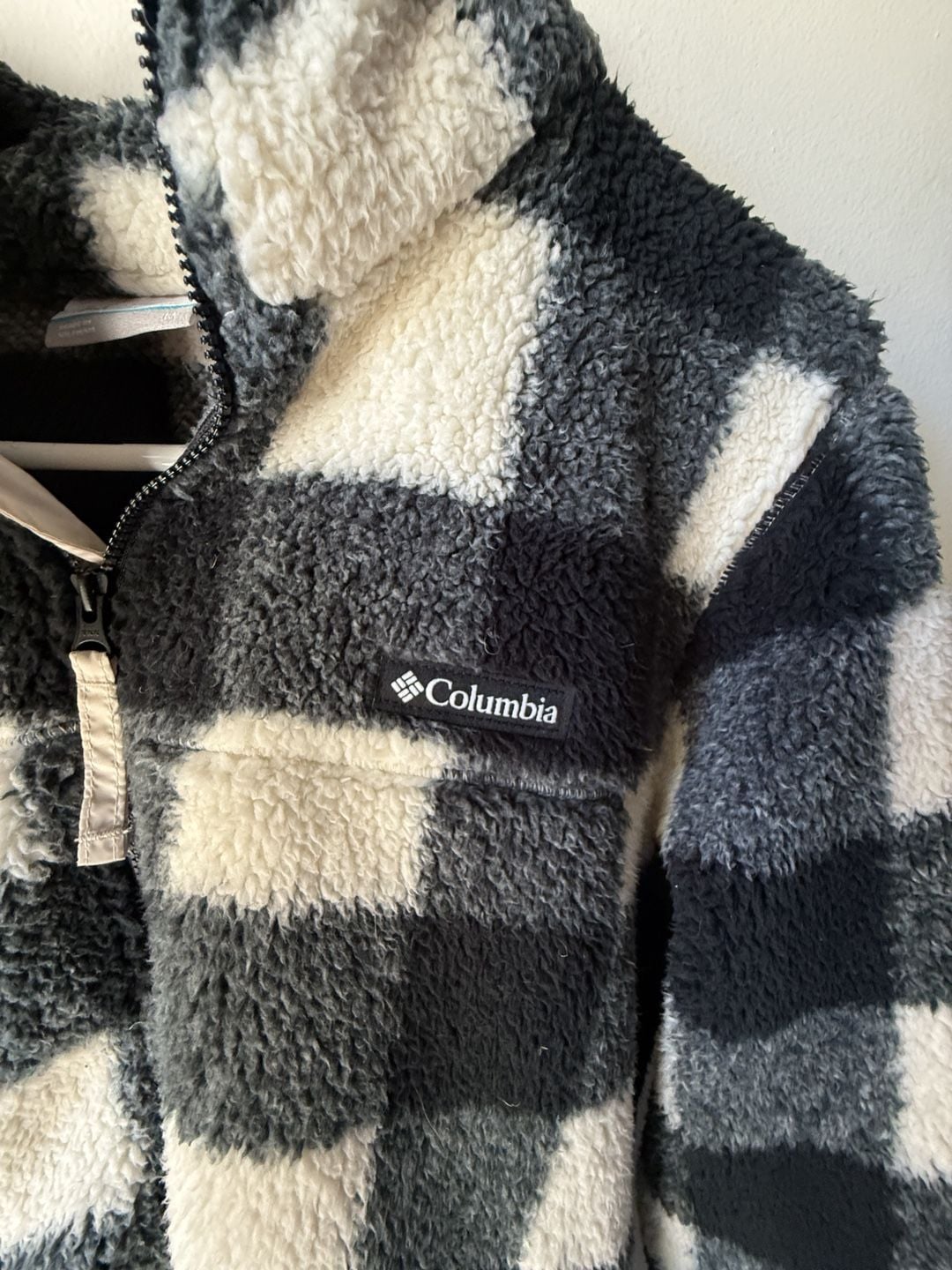 Columbia Sherpa Fleece Jacket Black Cream Buffalo Plaid Full Zip size M 4