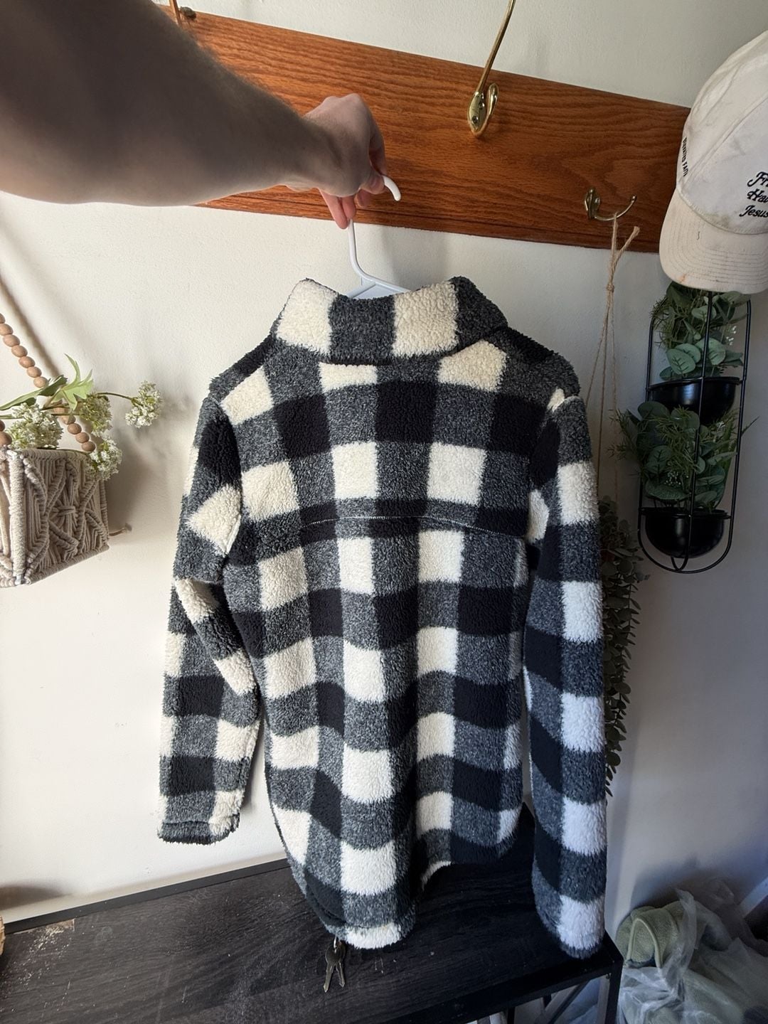 Columbia Sherpa Fleece Jacket Black Cream Buffalo Plaid Full Zip size M 6