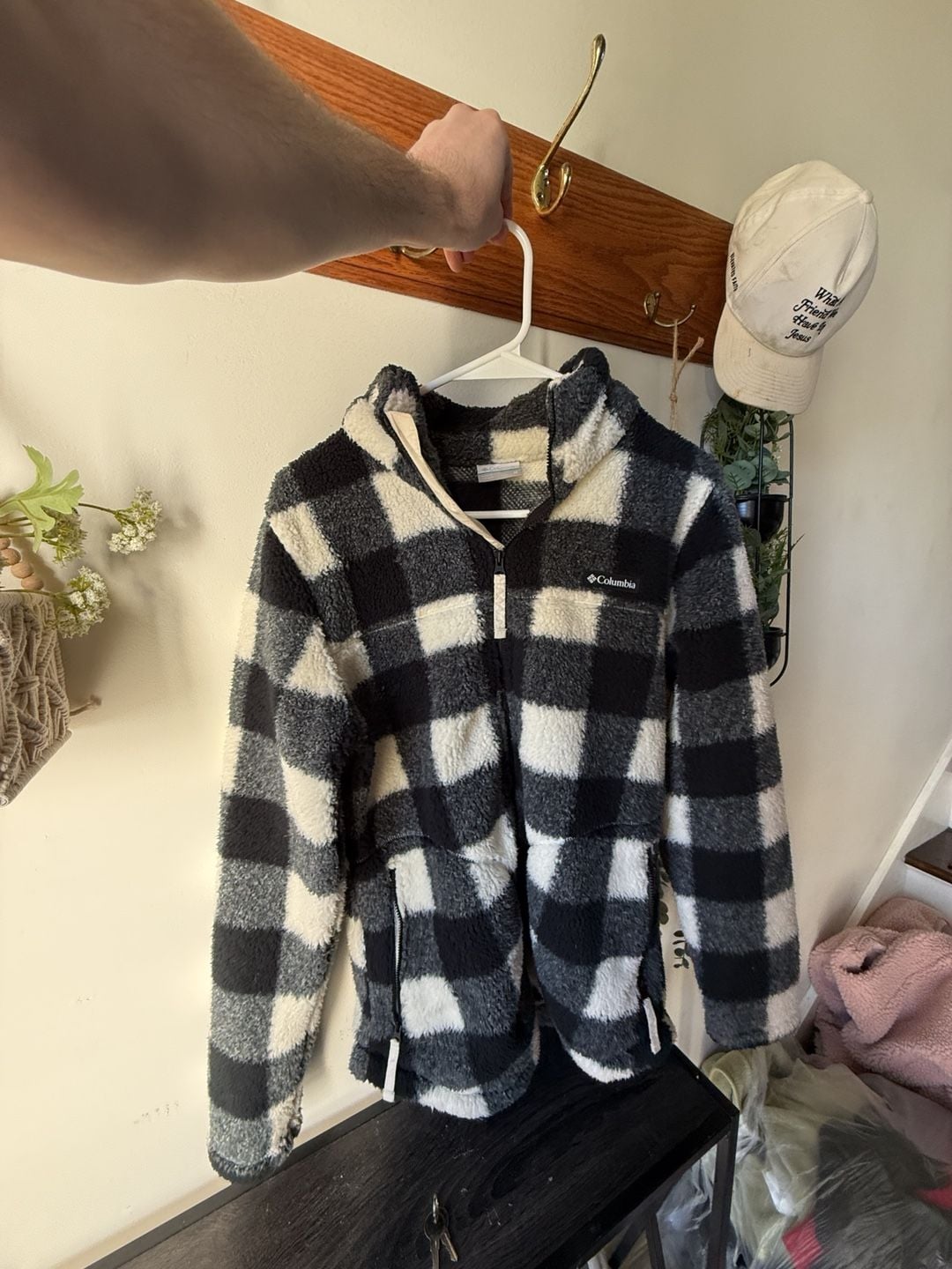 Columbia Sherpa Fleece Jacket Black Cream Buffalo Plaid Full Zip size M 7