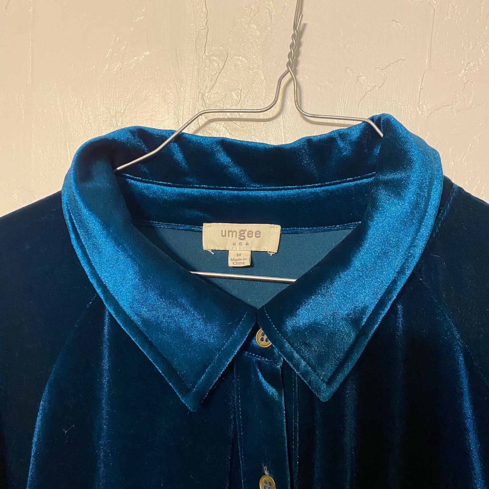 Umgee Velvet Dress Teal Blue Long Sleeve Collared Button Down 3