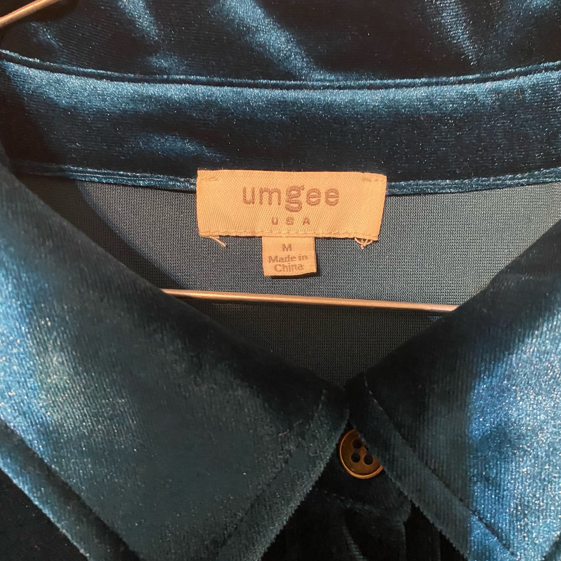 Umgee Velvet Dress Teal Blue Long Sleeve Collared Button Down 5
