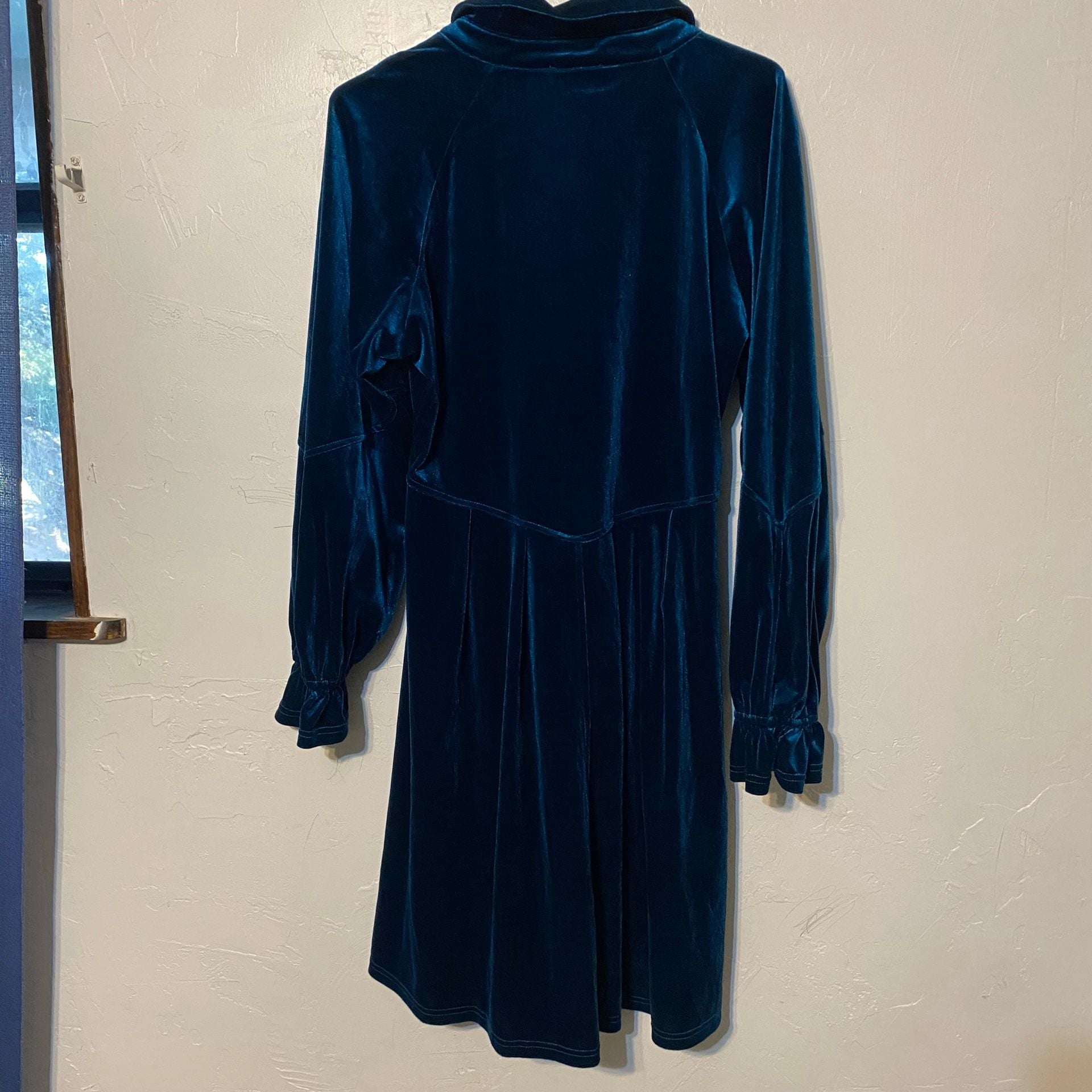 Umgee Velvet Dress Teal Blue Long Sleeve Collared Button Down 6