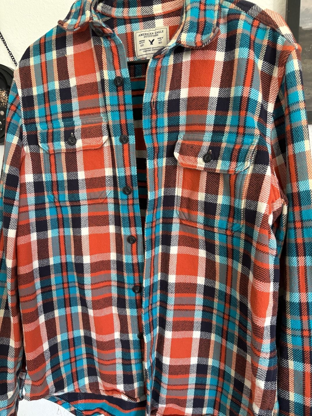 American Eagle Plaid Flannel Shirt Orange Blue 3