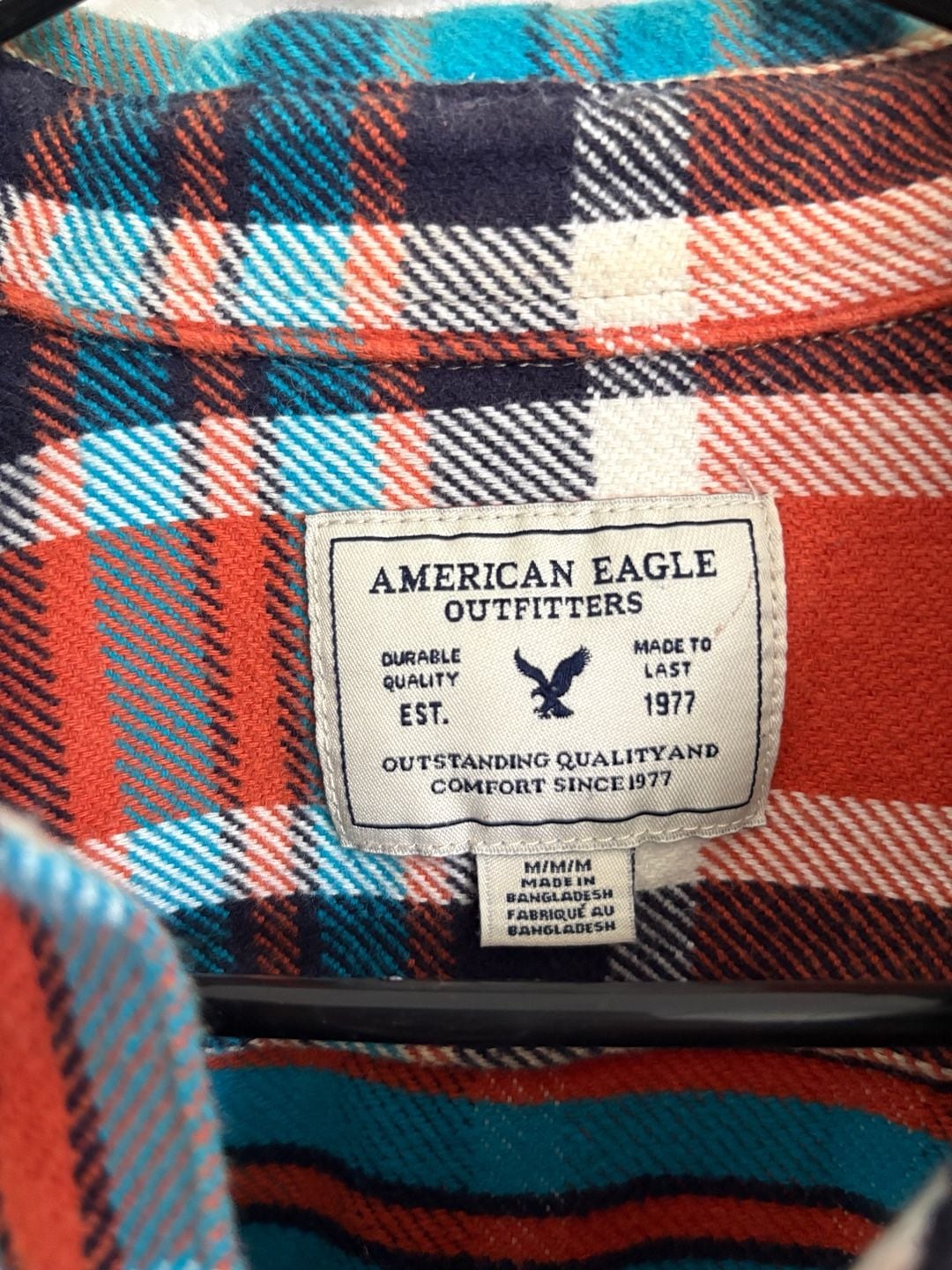 American Eagle Plaid Flannel Shirt Orange Blue 4