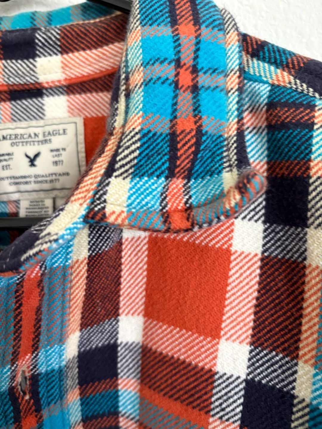American Eagle Plaid Flannel Shirt Orange Blue 5