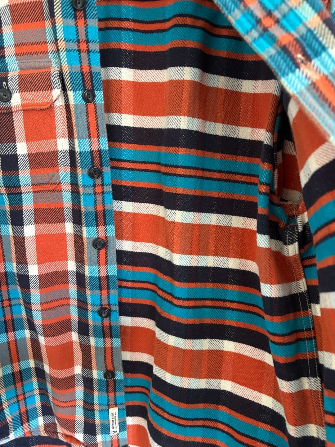 American Eagle Plaid Flannel Shirt Orange Blue 6