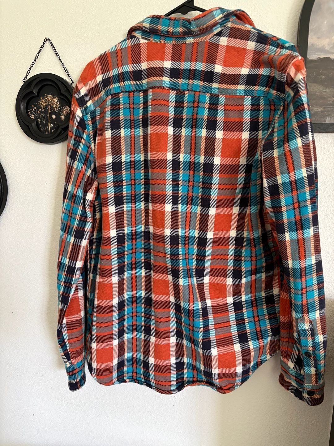 American Eagle Plaid Flannel Shirt Orange Blue 9