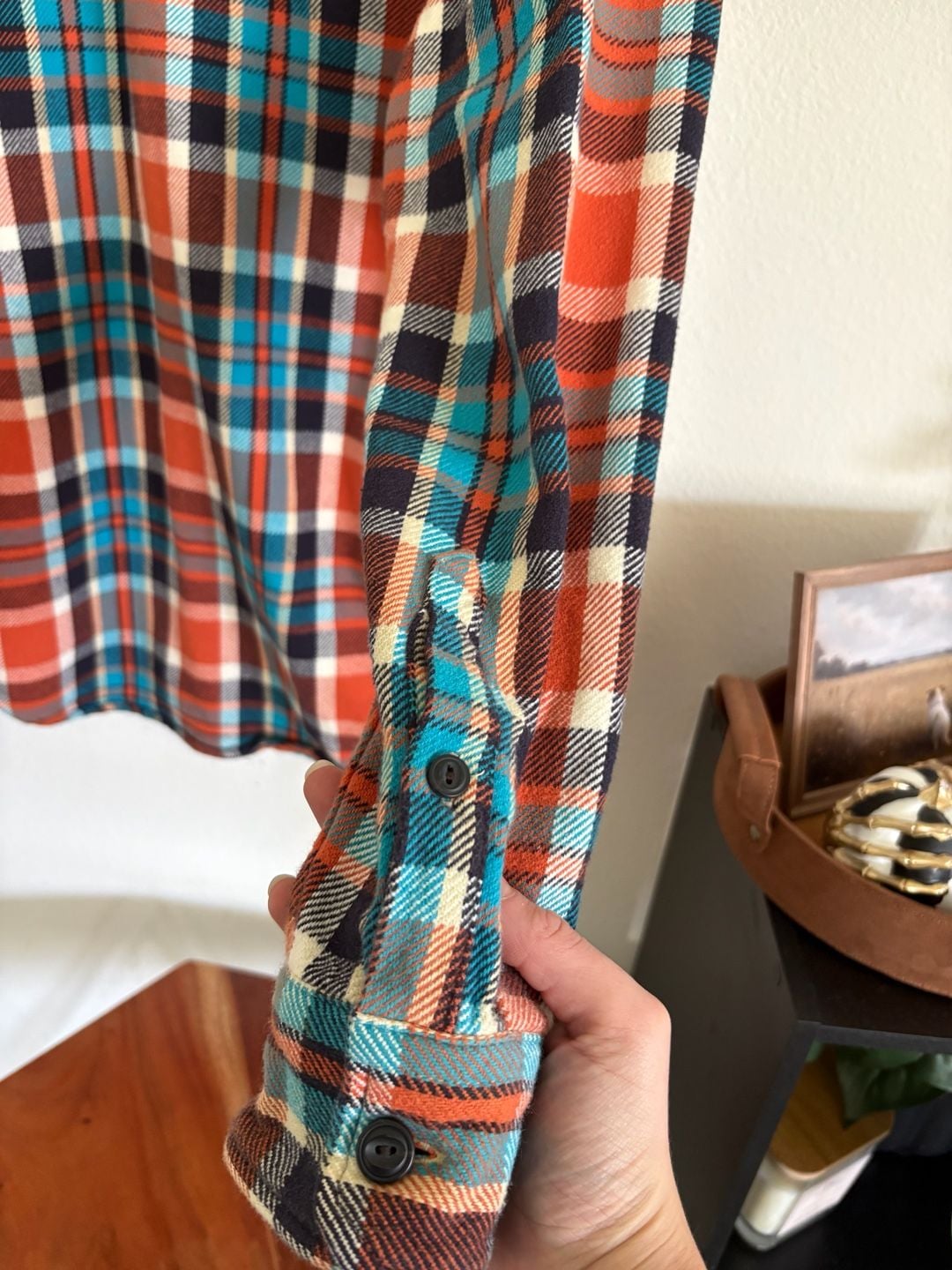 American Eagle Plaid Flannel Shirt Orange Blue 10