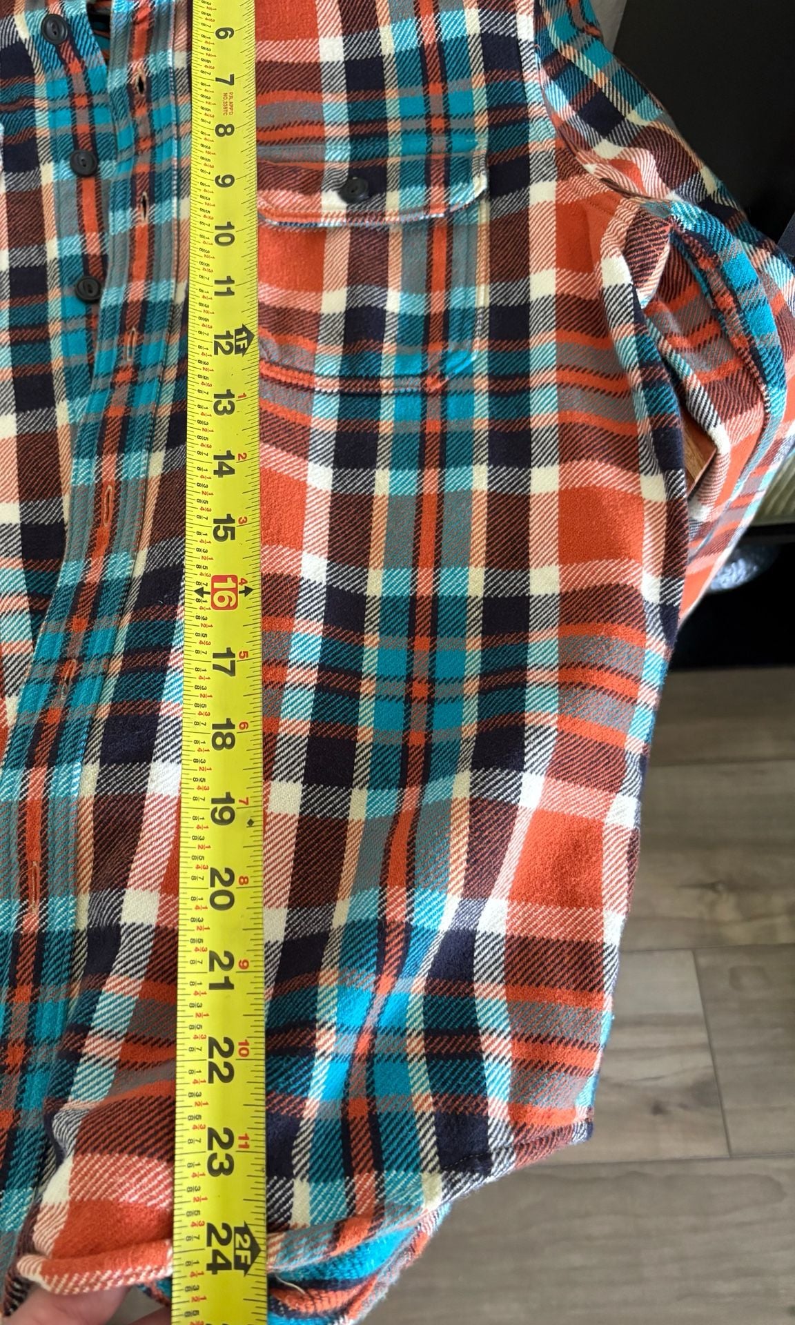 American Eagle Plaid Flannel Shirt Orange Blue 12