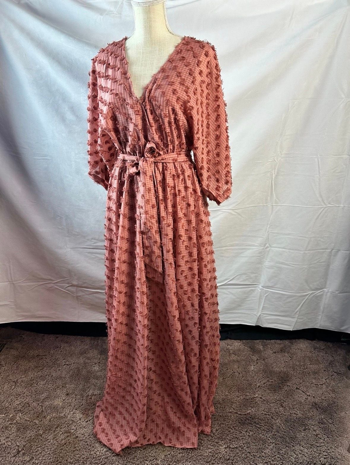Akaa Pink Clipped Dot Long Sleeve Maxi Dress 2