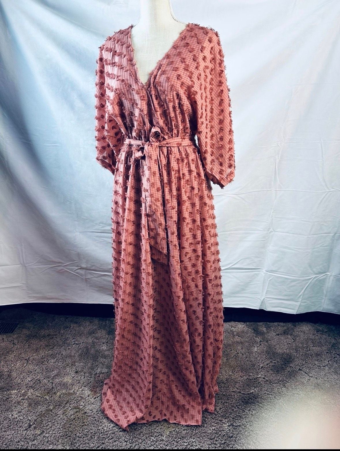 Akaa Pink Clipped Dot Long Sleeve Maxi Dress 3