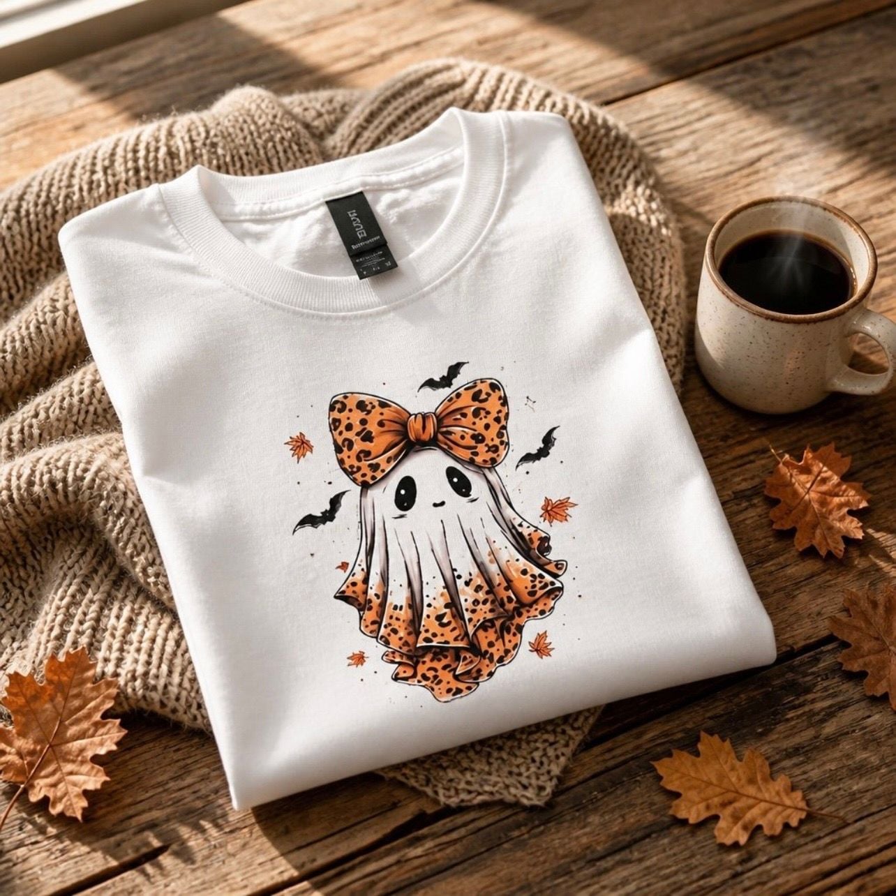 Gildan Halloween Cute Ghost Leopard Bow T-Shirt Size XL White 3
