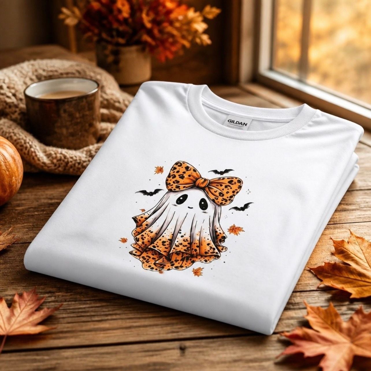 Gildan Halloween Cute Ghost Leopard Bow T-Shirt Size XL White 4