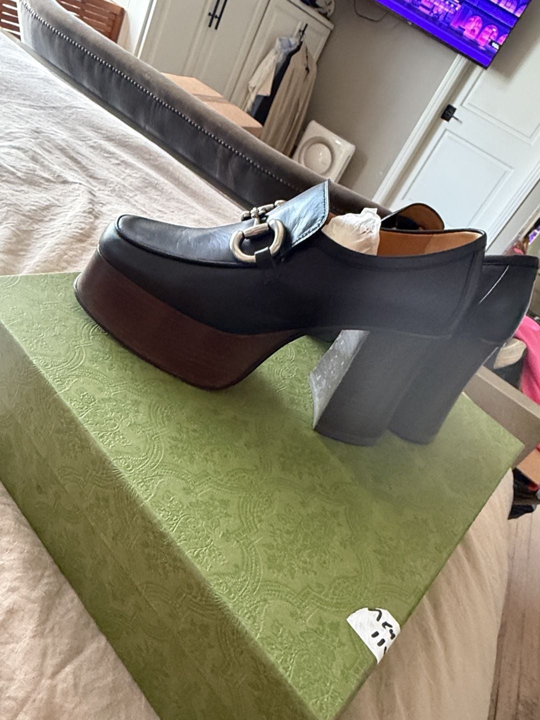 Gucci Horsebit Platform Pump Size 37 Black Leather Heels 11