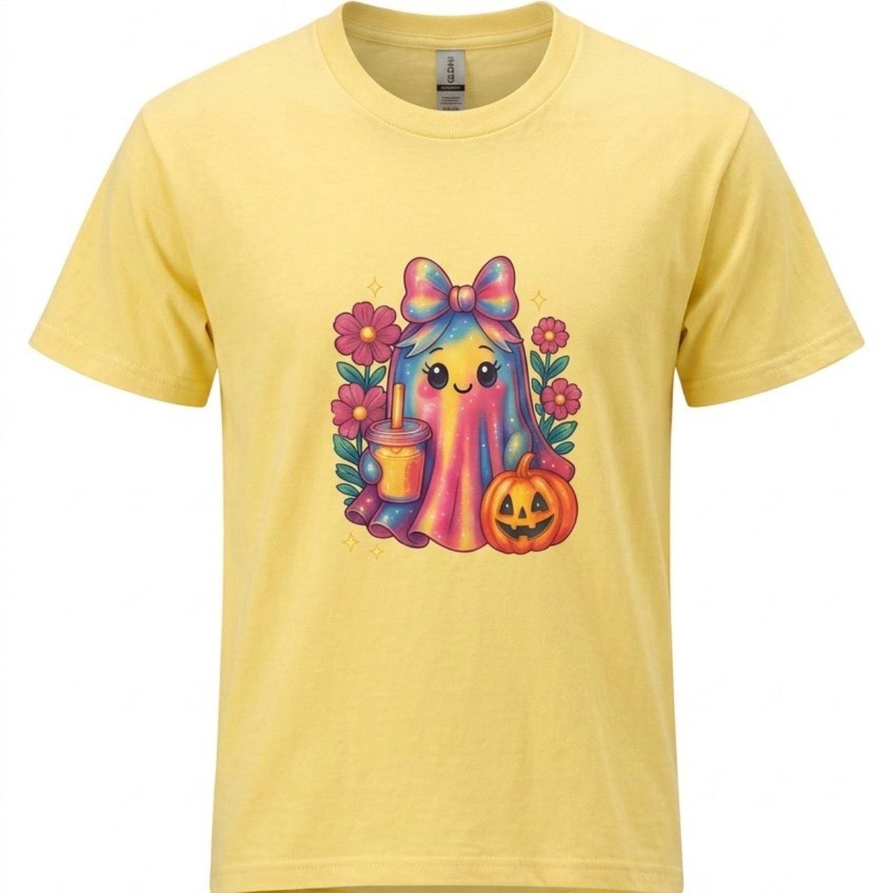 Gildan Cute Ghost Pumpkin XL Yellow Graphic T-Shirt 2