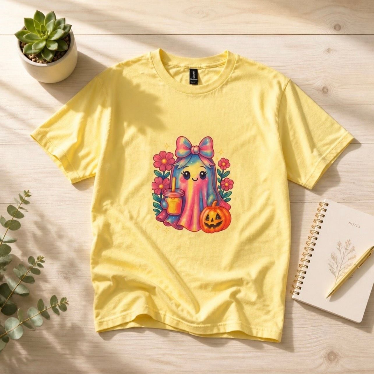 Gildan Cute Ghost Pumpkin XL Yellow Graphic T-Shirt 4