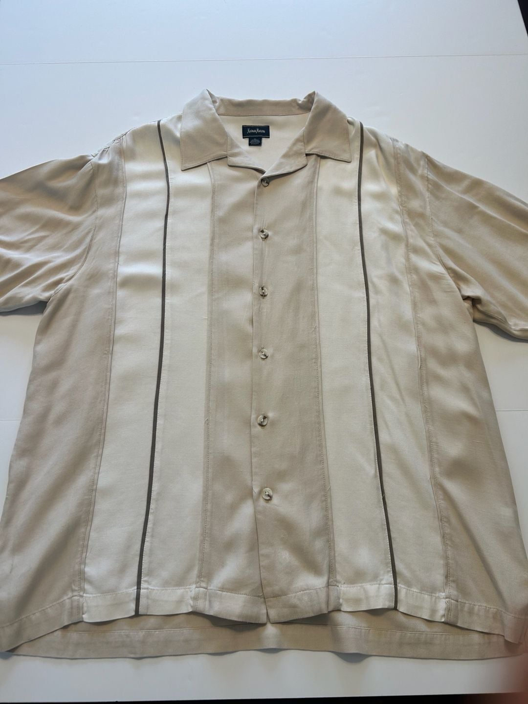 Neiman Marcus Silk Bowling Shirt Size XL Beige Striped Camp Collar 2