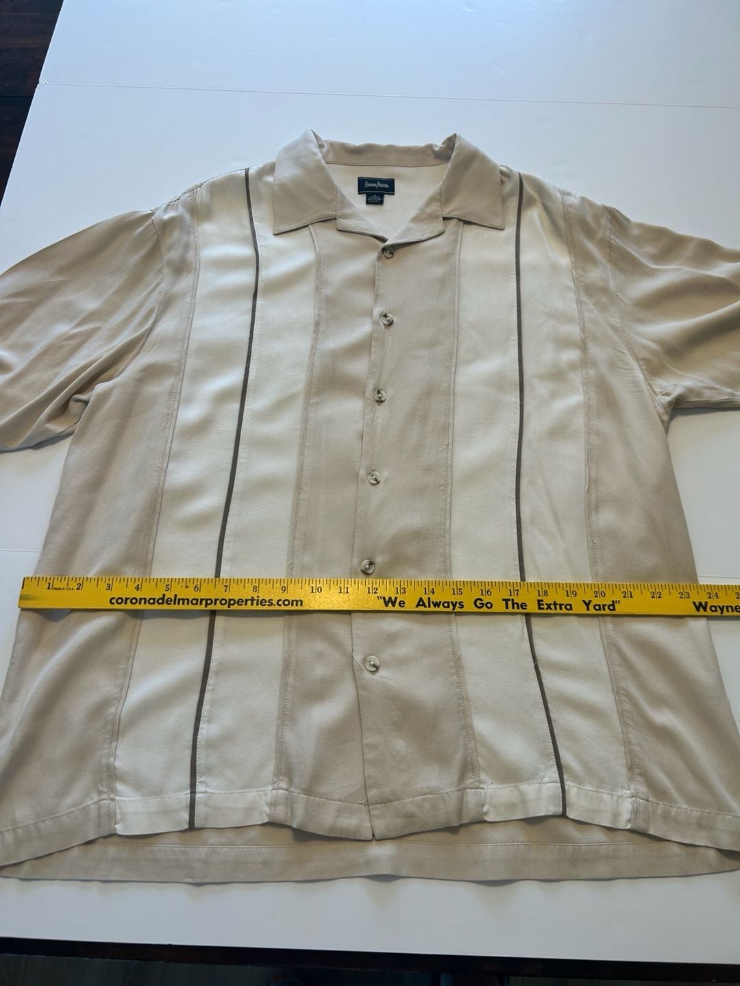 Neiman Marcus Silk Bowling Shirt Size XL Beige Striped Camp Collar 5